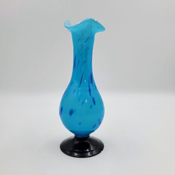 Vintage Blown Art Glass Bud Vase Blue Confetti Splatter Black Pedestal Bottom - Picture 4 of 12